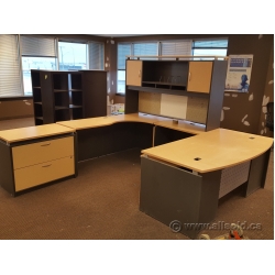 Blonde and Grey U / C Suite Bow Front Desk with Overhead Storage